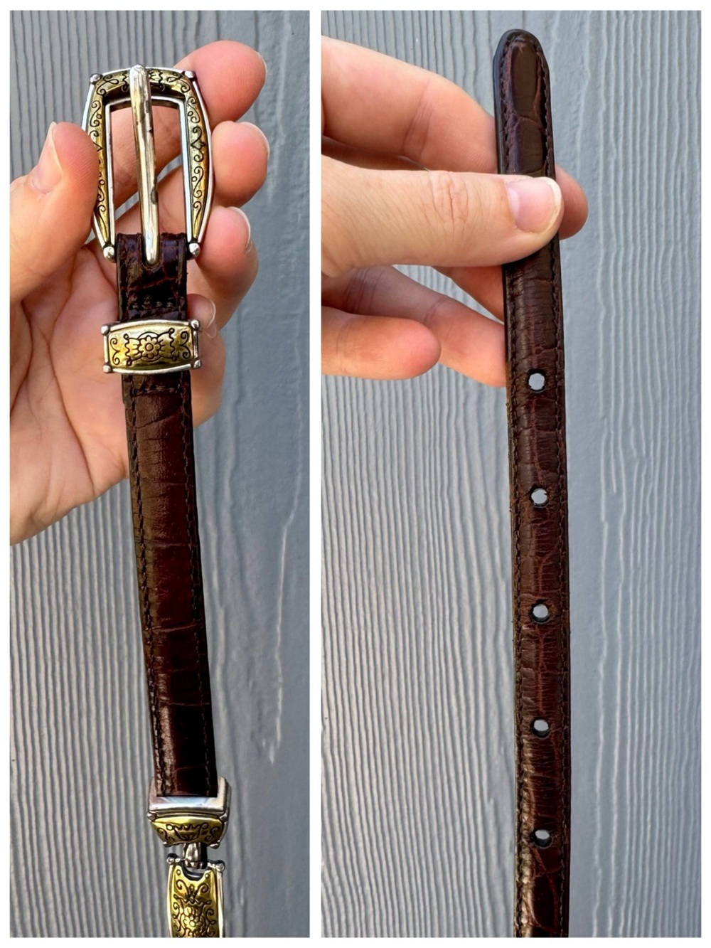 Brighton Western Brown Leather Croc-Embossed Concho Belt, Silver & Gold sz. 32 - Picture 4 of 16